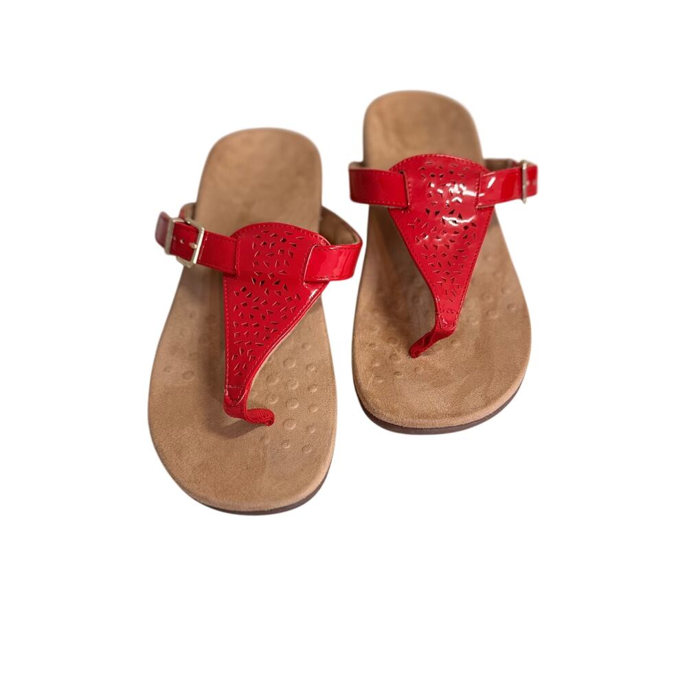 Vionic Tropez red patent leather thong sandals adjustable comfort walking Sz 8